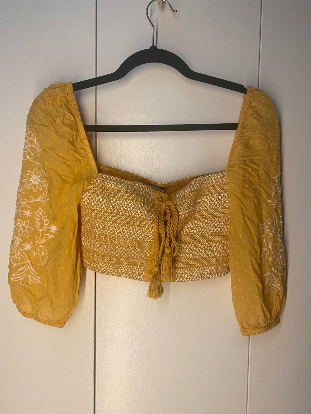 Forever 21 Mustard Yellow Embroidered Puff-Sleeve Crop Top